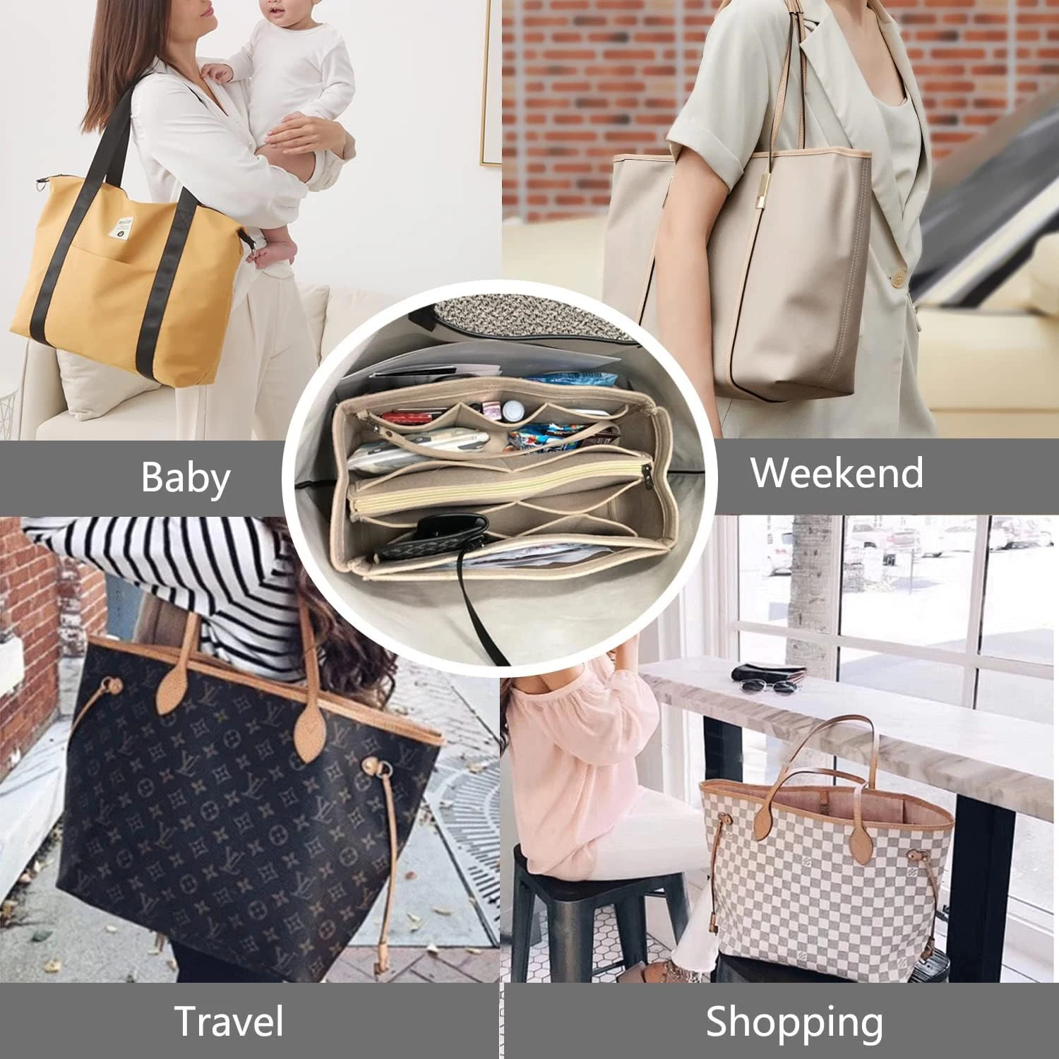 Felt Bag Oranginzer For Speedy Neverfull Tote Organizer with Metal Zipper Purse Organizer Insert Handbag & Tote Shaper