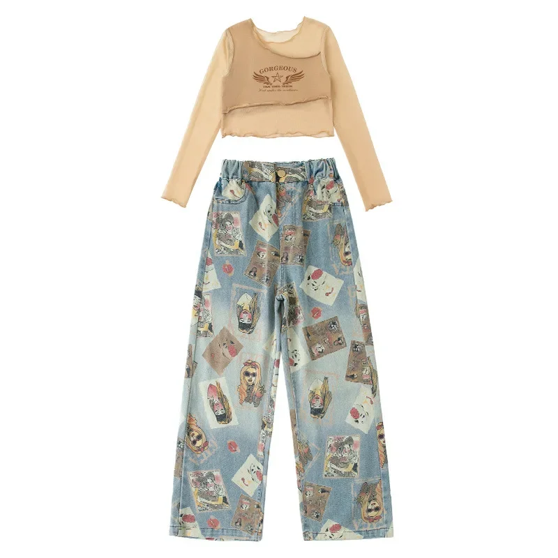 Jeans chauds pour filles, Streetwear, Costume de Jazz pour enfants, ensembles de vêtements de spectacle sur scène, Hip Hop, haut court en maille, pantalon en Denim de danse de rue