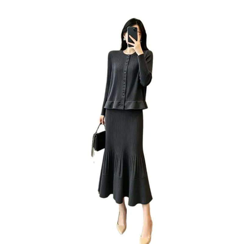 Miyake Pleated 2026 New Spring and Autumn High-End Solid Color Ruffled Cardigan Top and Fishtail Skirt Pleated Two-Piece Set