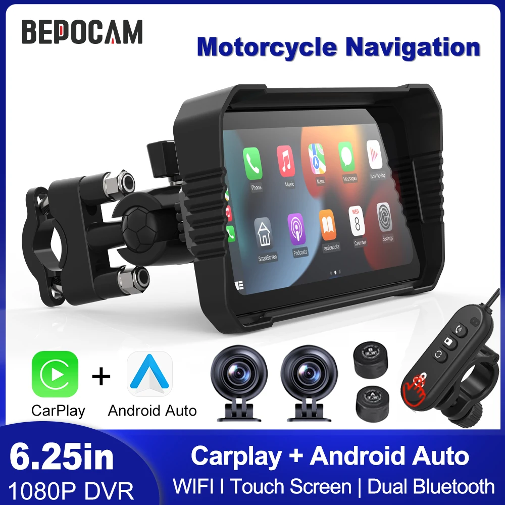 

BEPOCAM 5"/6.25" Motorcycle GPS Navigation DVR Carplay Screen for Moto Dual Cameras Drive Recorder IPX7 Waterproof Moto Monitor