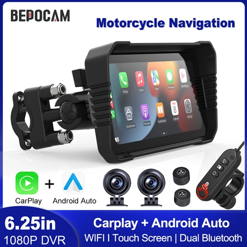 BEPOCAM 5 ""/6,25"" motocicleta GPS navegación DVR pantalla Carplay para Moto cámaras duales grabadora de unidad IPX7 impermeable Moto Monitor