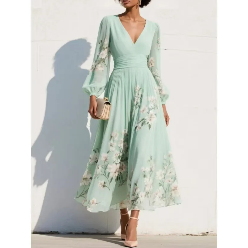 

New Spring Print Dress For Women 2026 Fashion Long Sleeve V Neck High Waist Big Swing A-line Maxi Dresses Femme Holiday Party