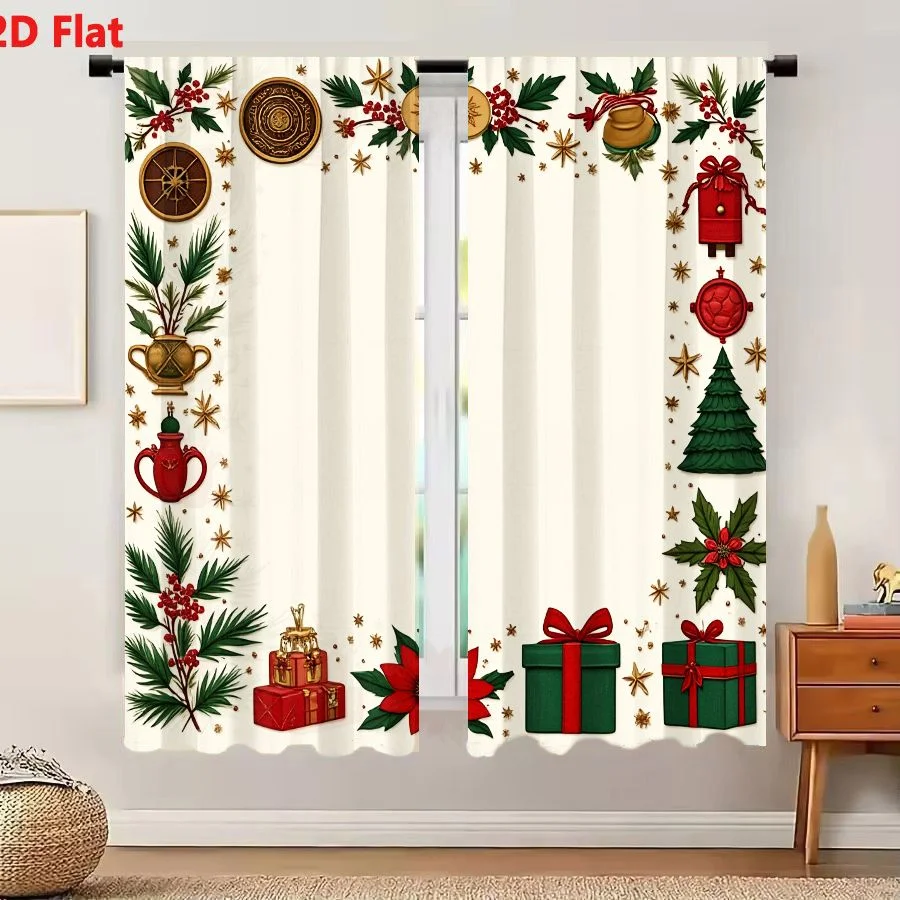 2Pcs Curtains Add 2D Flat Festive Christmas Border With Greenery Gifts Ornaments And Golden Seals Window Drapes for Bedroom Room