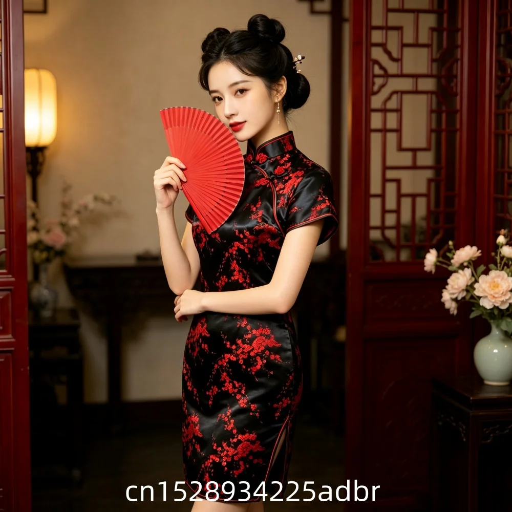 Classic Chinese Style Dress Female Qipao Sexy Short Sleeve Mini Cheongsam Elegant Jacquard Flower Traditional Clothing Y2K Qipao