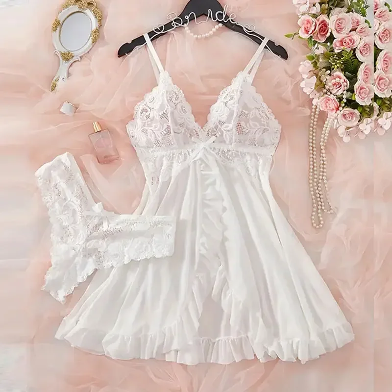 Women Exquisite 2 Pcs Set Lace Nightgown Homewear New Green Nighttime Pajamas Transparent Split Nightdress  Bra Panty Sets
