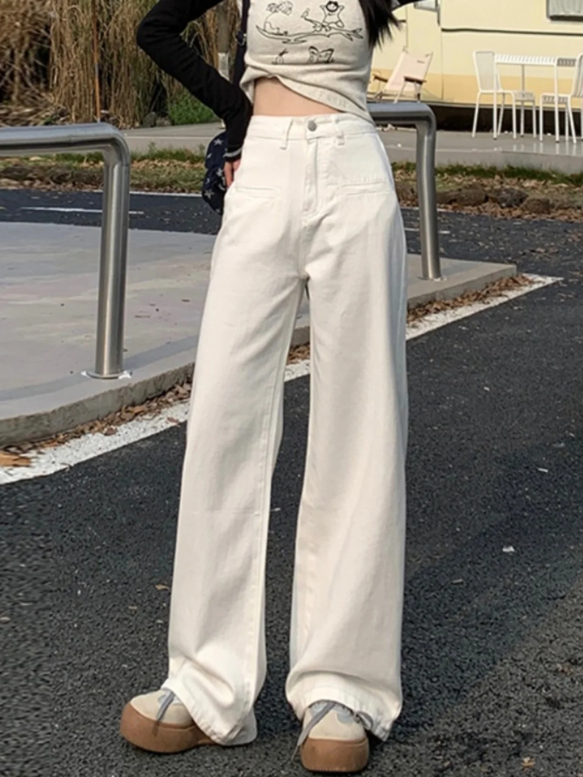 

High Waist Straight Leg Denim Jeans White Front ket Design Wide Leg Dra Pants Summer New Long Trousers for Women