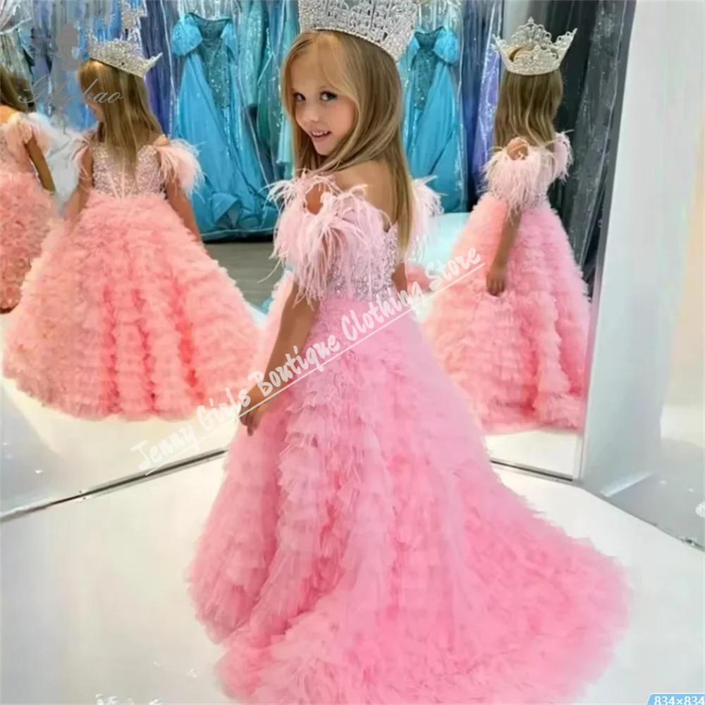 Wedding Girls' Clothing Fluffy Flower Girl Dresses Luxurious Tulle Feathers Children Pageant Birthday Prom Elegant Party Dresses