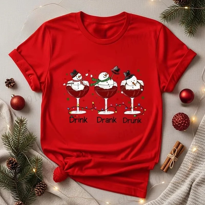 

Drunk ChristmasPrinted Men's T-shirtWine Lover's Interesting Christmas Shirt Snow Doll Wine Top Santa Claus Hat Drinking T-shirt
