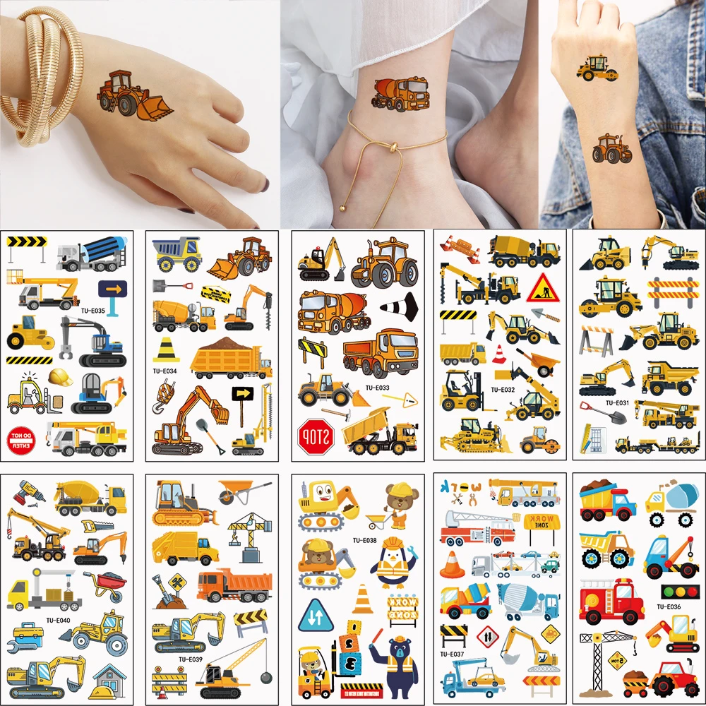 10 hojas de tatuajes temporales con patrón de vehículo excavadora para fiesta diaria, grúa de ingeniería, tatuajes adhesivos de dibujos animados para arte corporal