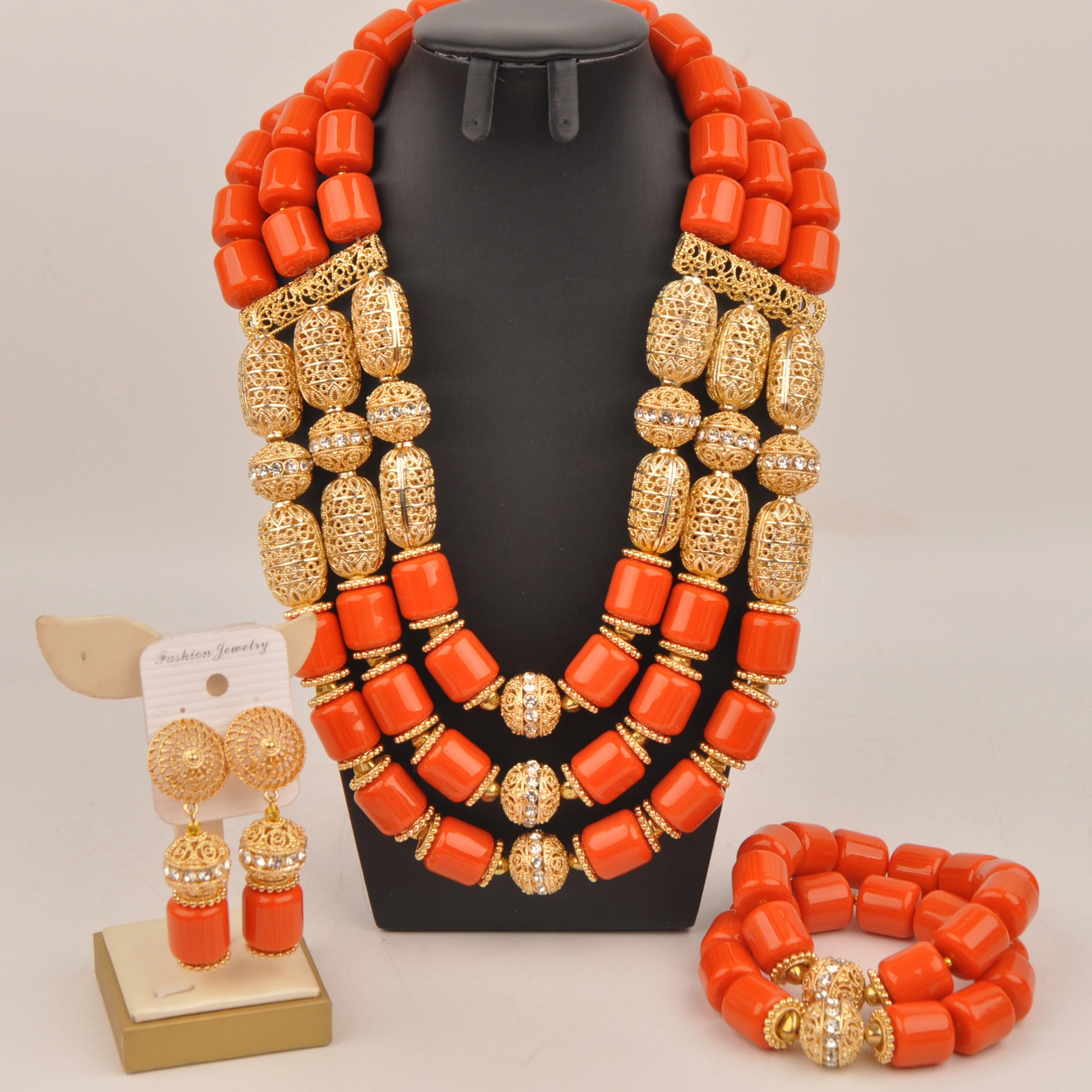 

Nigerian Wedding African Beads Orange Artificial Coral Jewelry Set