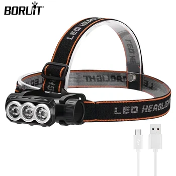 BORUiT 초강력 3LED 헤드램프, 18650 배터리 내장, USB 충전식 헤드 손전등, 캠핑 낚시 비상 토치  Best5