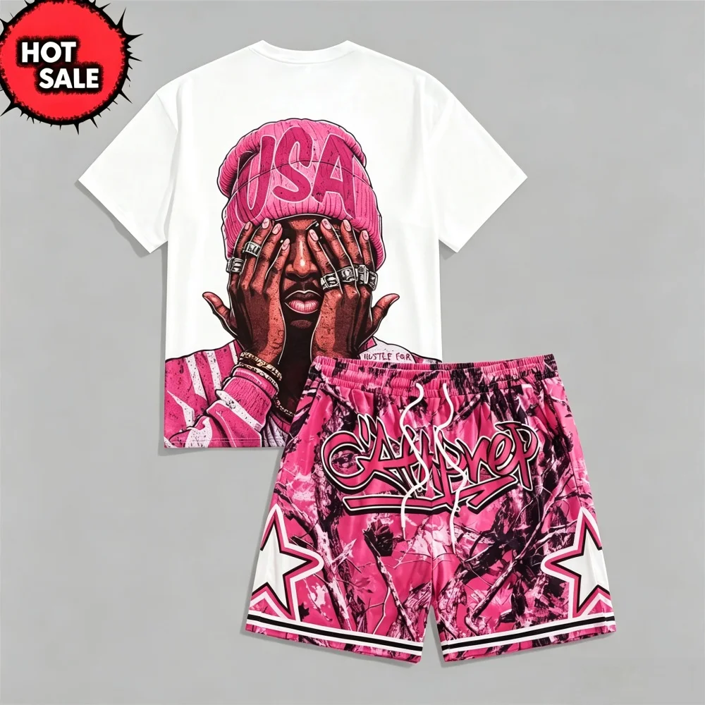 Men's Summer Fashion Figure Letter Print Micro Elastic Breathable Round Neck T-shirt Drawstring Shorts Set Outdoor Streetwear