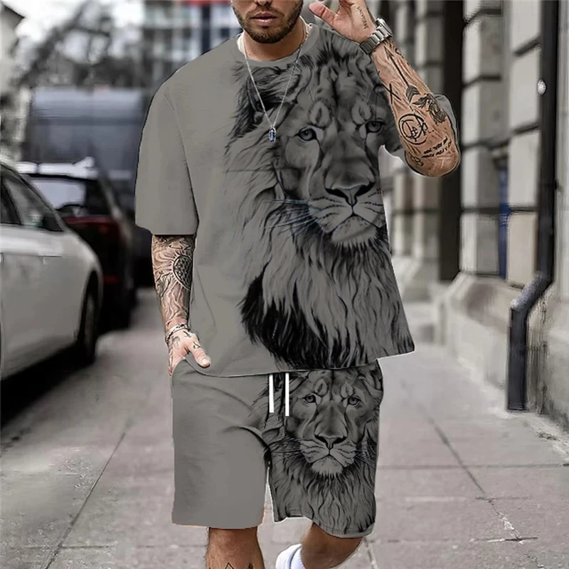 3D Lion Print Men\'s Cool T-shirt Shorts Set For Sports fitness Summer Man Set Street Style Oversized Graphic 2Pcs Unisex Clothes
