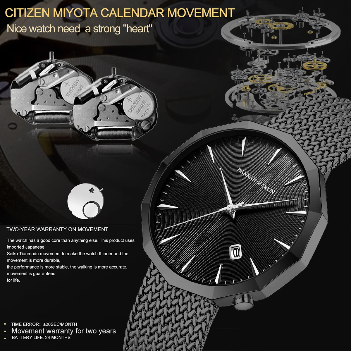 ساعة هانا مارتن للرجال شبكية بحزام من الفولاذ المقاوم للصدأ باللون الأسود وحركة كوارتز يابانية 3 بار مقاومة للماء للأعمال الرياضية للرجال