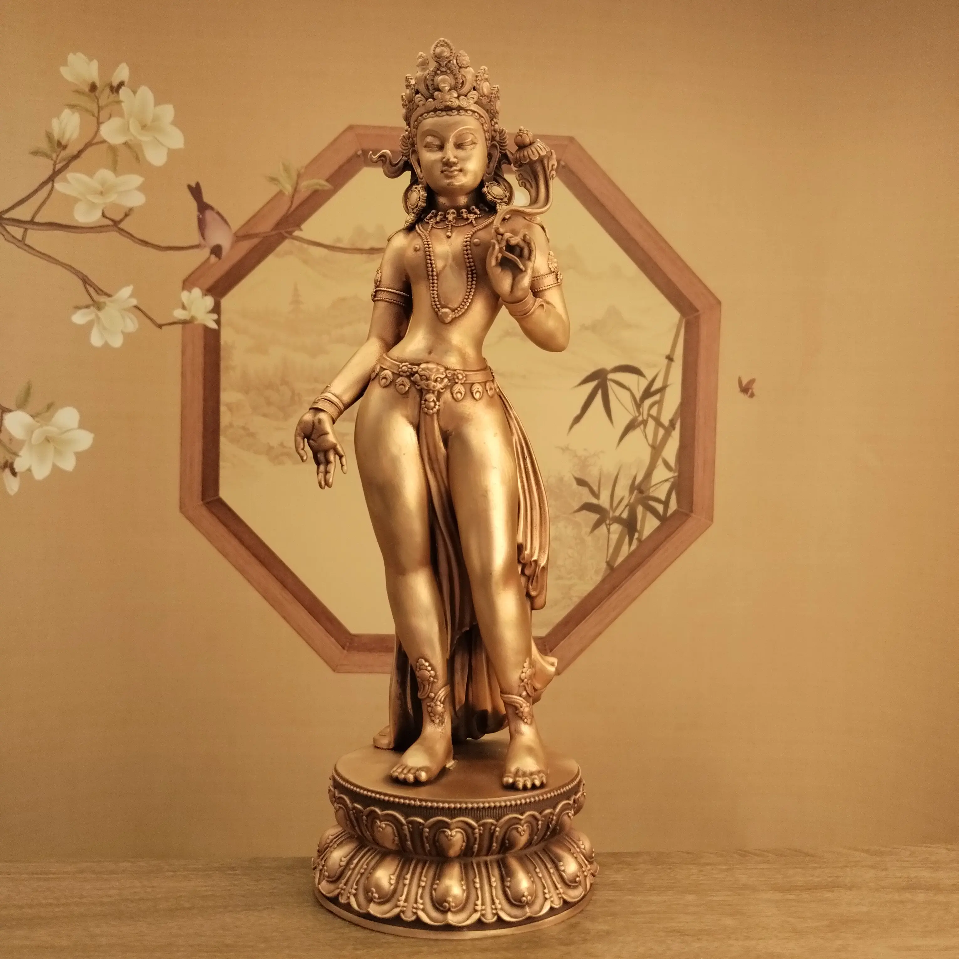 Antique Copper Standing Green Tara Statue 23cm Home Altar Protection Blessing