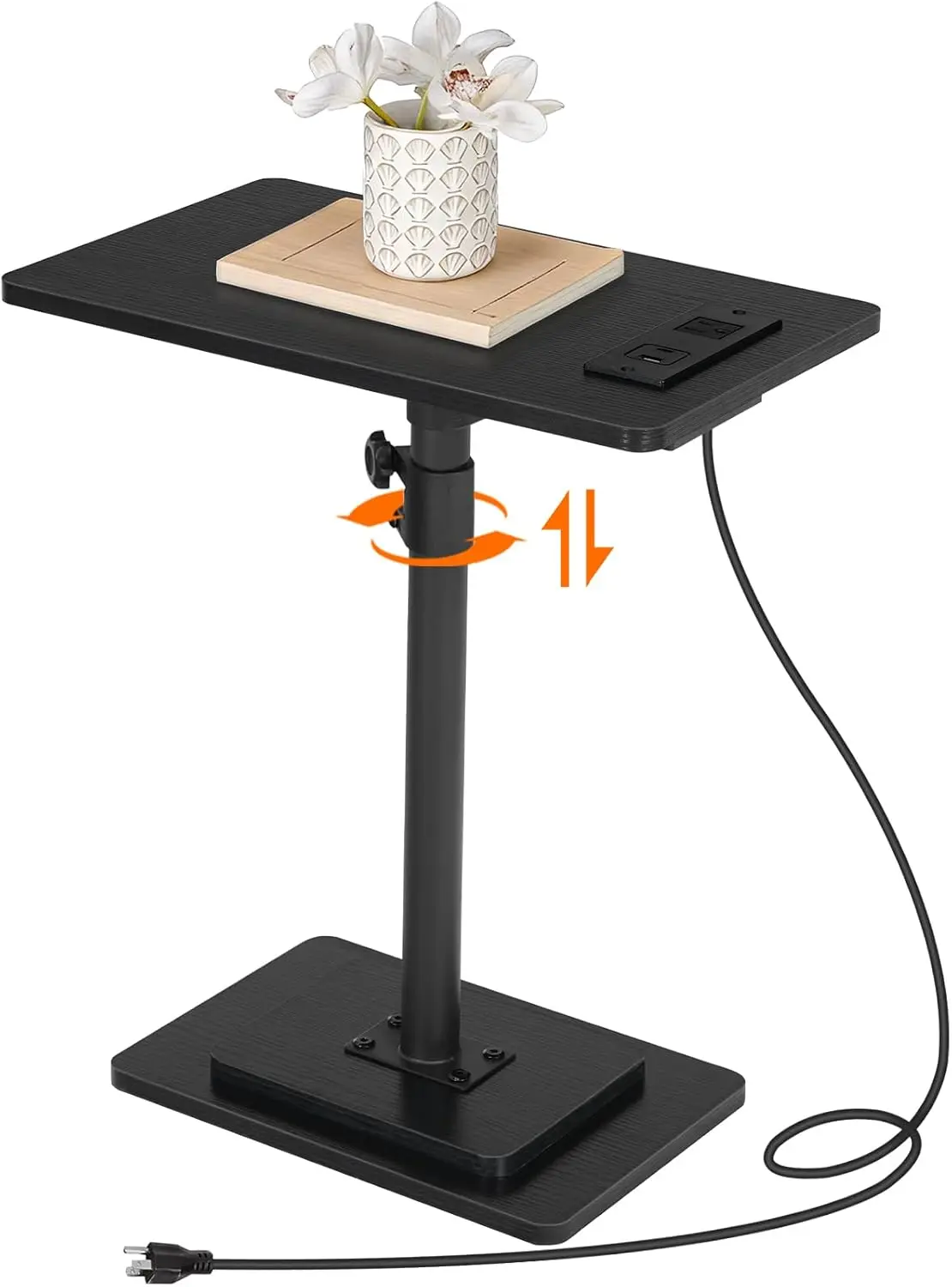 

Adjustable Height End Table, 360° Swivel Narrow Side Table with Charging Station, Narrow Sofa Bedside Table for Small Space,