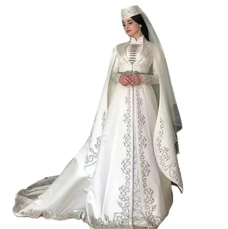 Arabus-vestido de noiva com mangas compridas, cetim, bordado, frisado, caftan, gola alta, bordado, caftan, muçulmano