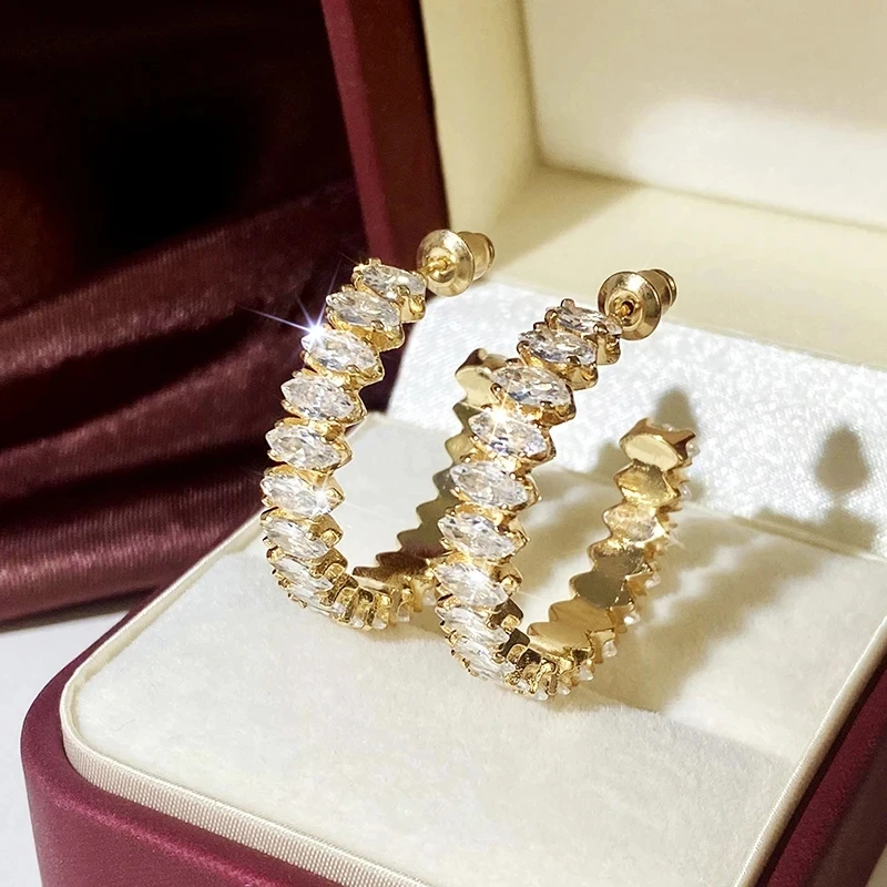 2024 Full Marquise Cubic Zirconia Hoop Earrings for Women Modern Fashion Gold Color Big Circle Girls Trendy Jewelry