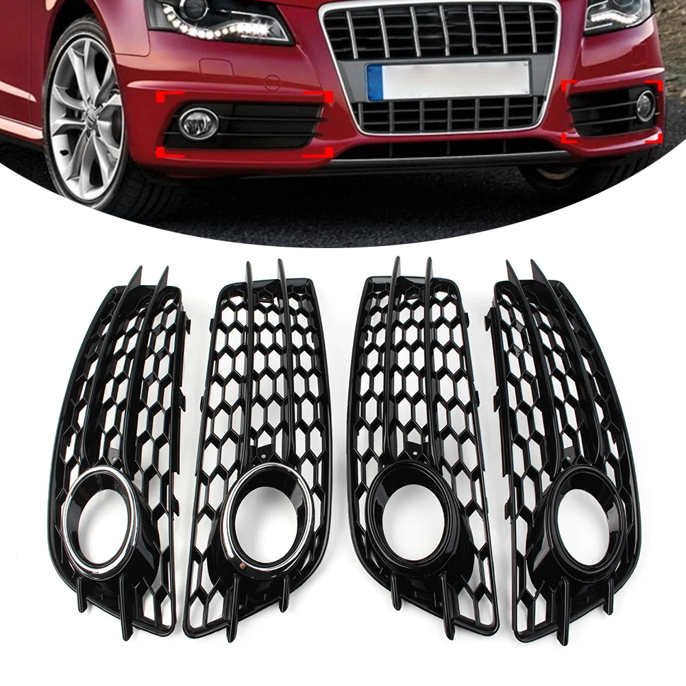 

1 Pair Car Honeycomb Mesh Front Bumper Fog Light Grille Cover For Audi A4 B8 S4 2008 2009 2010 2011 2012 Glossy Black