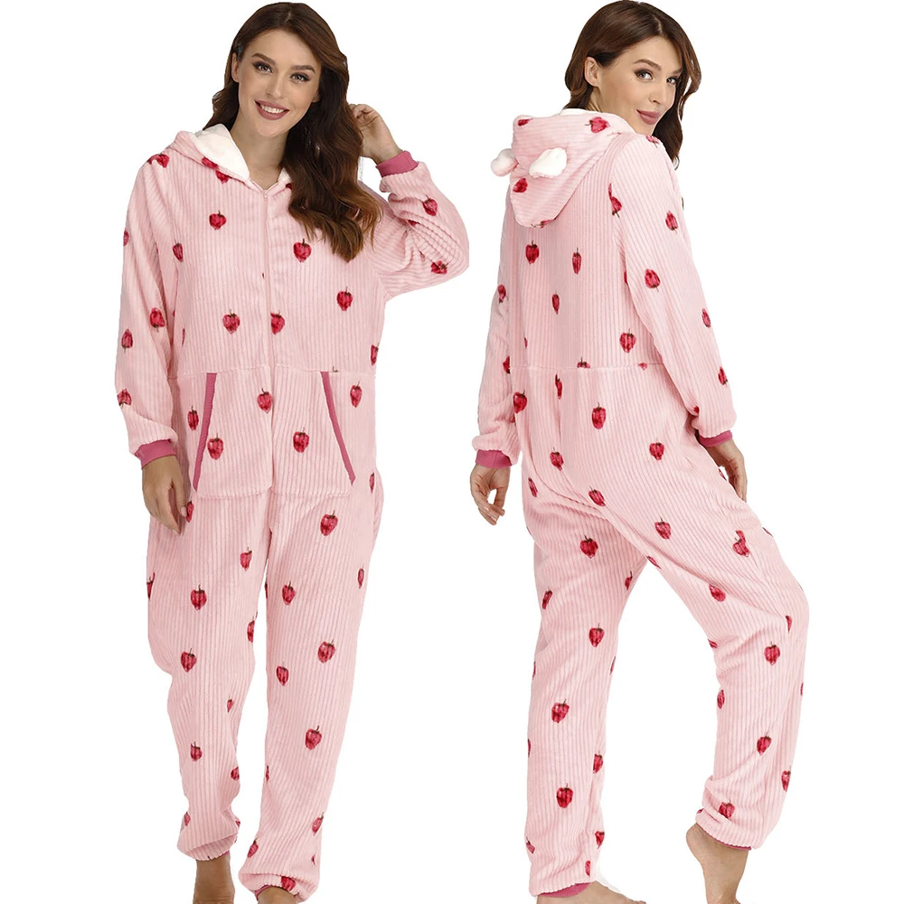 Flannel Christmas Animal Print Jumpsuit Pajamas Lounge Wear Autumn Winter Female Onesies Sleepwear Coral Fleece Hooded Home Wear