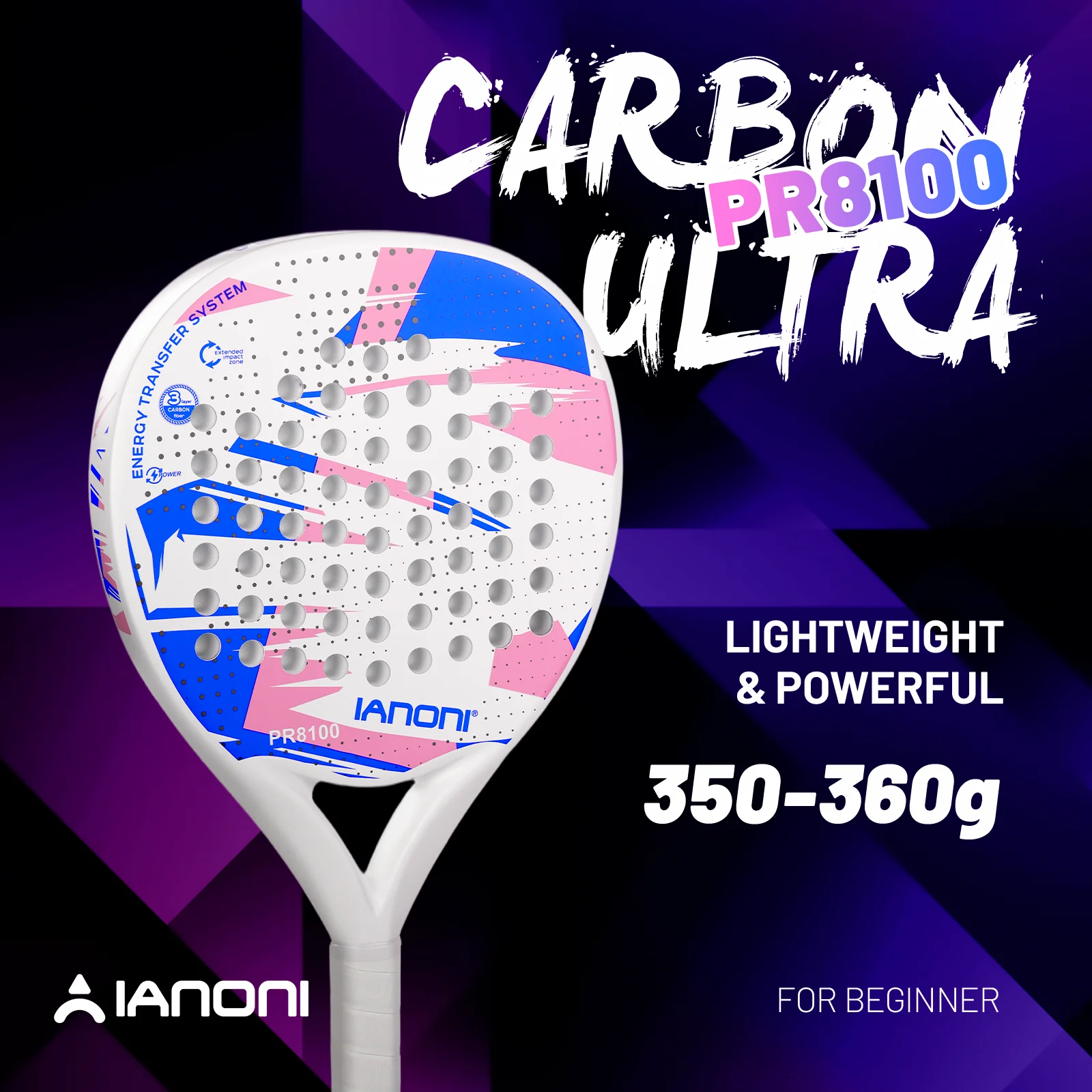 

IANONI 8100 WHITE Padel Racket Carbon Fiber Surface with EVA Memory Flex Foam Core Padel Tennis Racquets Lightweight