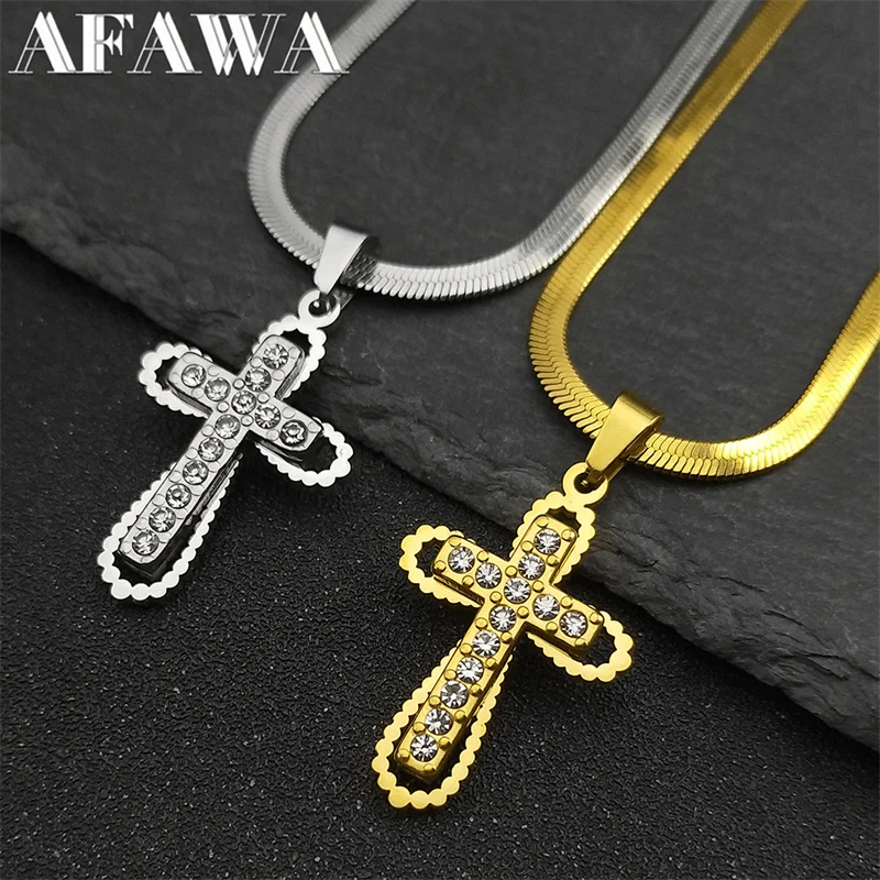 

Catholic Christ Cross Necklace for Women Men Rhinestone Gold Silver Color Stainless Steel Hip Hop Chain Jewelry Gift