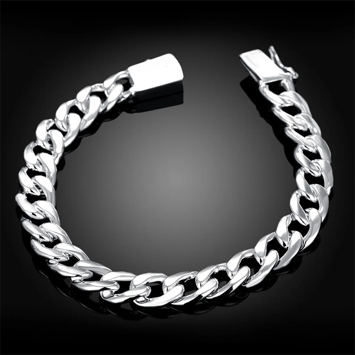 Fashion Jewelry 925 Sterling Silver Bracelet 10MM 8 Inch Men's Hip Hop Side Bracelet