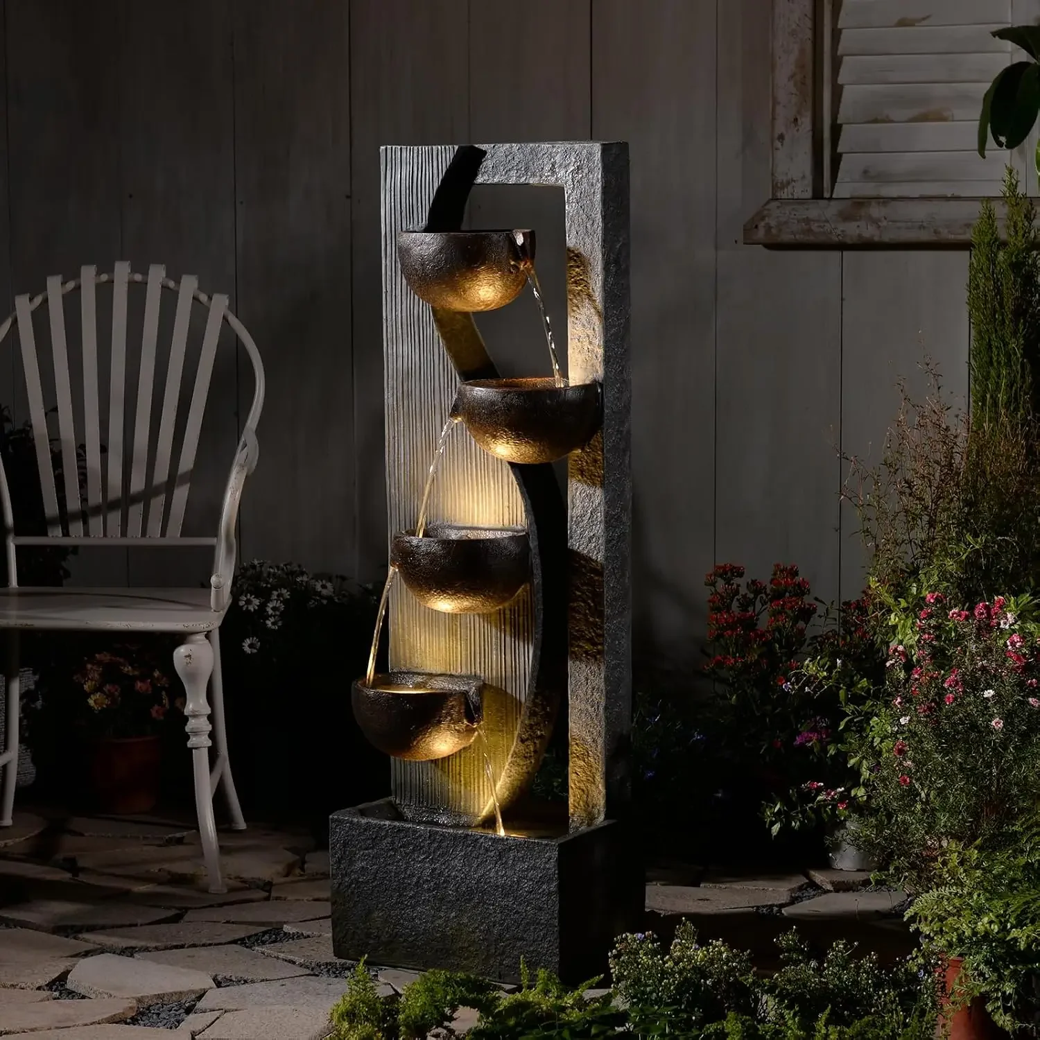 Outdoor Waterfall Fountain 5 Tier Tall Design 49.2 Inch Water Fountain with LED Lights and Pump Decorative Water Feature for Gar