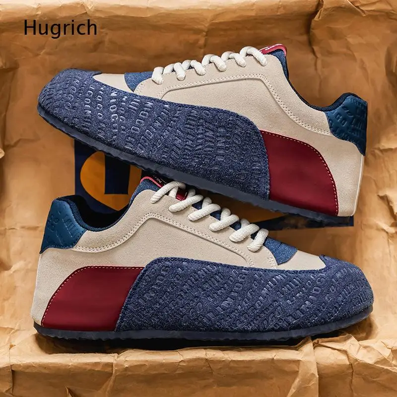 Letter Embossed Suede Patchwork Sneakers Lace Up Flat Low Top Contrast Color Casual Walking Shoes for Street Fashion
