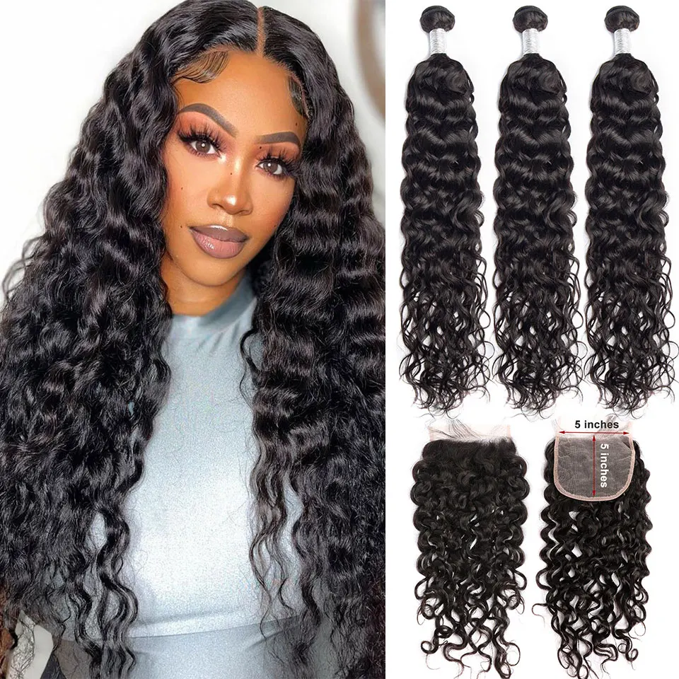 Maxine Water Wave Bundles Human Hair With Closure 5x5 HD Lace Closure 30 Inch Long Wet And Wavy Human Hair Bundles With Closure