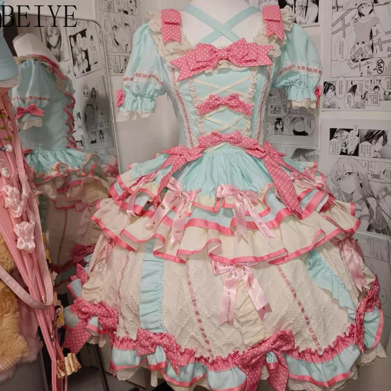 Sweet Girl Lolita OP Dress Mint Pink Multi Bow Ruffle Short Sleeve Tiered Dresses Women Cute Fairy Princess Cosplay Party Dress