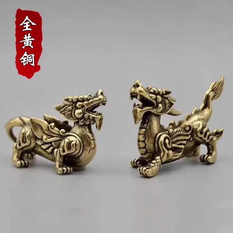 Pair Brass Pixiu Figurines Male Female, Feng Shui Pi Yao Statues Wealth Attraction & Money Protection, Mini Copper Ornament Tea view 4