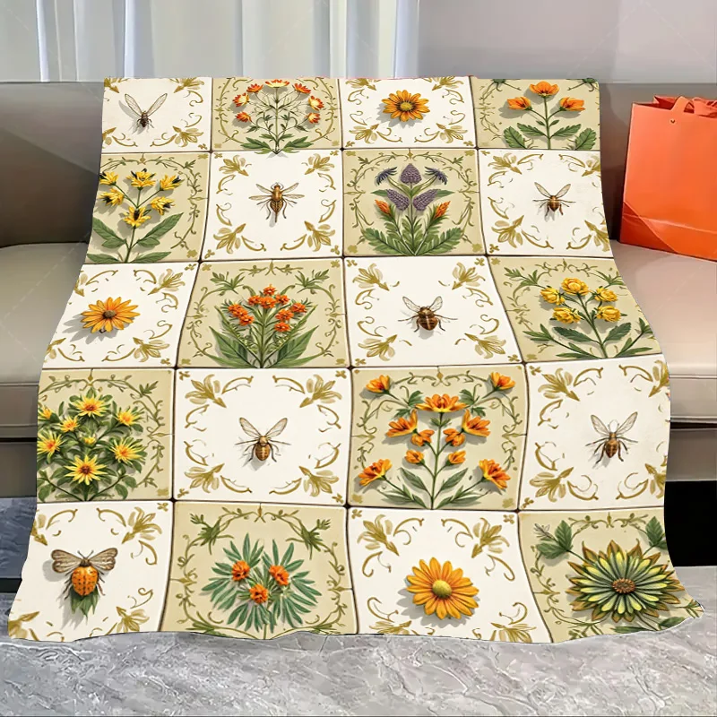 

1 шт. фланелевое одеяло винтажное одеяло с цветочным принтом пчелы для уютного домашнего декора