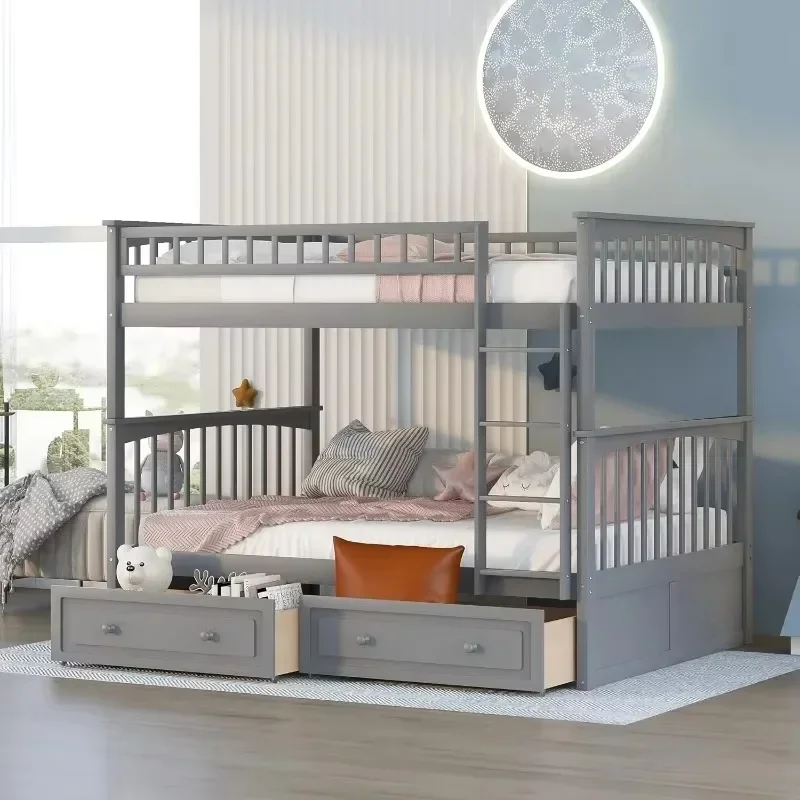 Full Over Full Bunk Bed with 2 Storage Drawers , Wooden Bunk Bed Frame with Guardrails and Ladders for Kids Teens Adults(Gray)