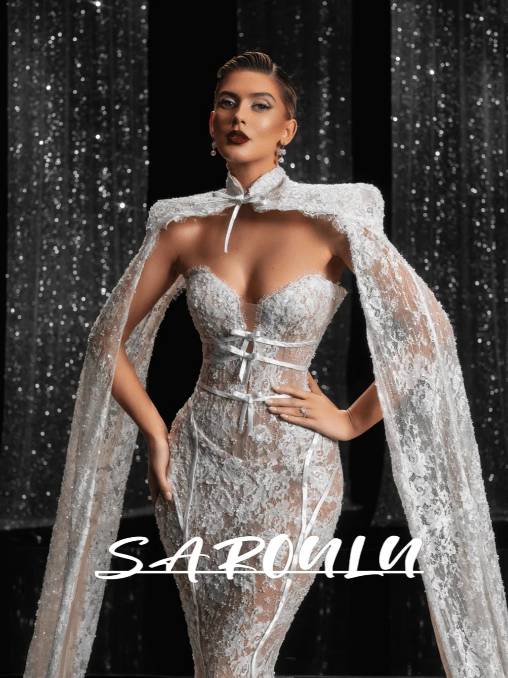 

Stunning Fully Lace Wedding Dress With Cape Chic Beaded Mermaid Fitted Bride Wear Customized Beautiful Dreamy Bridal Gown