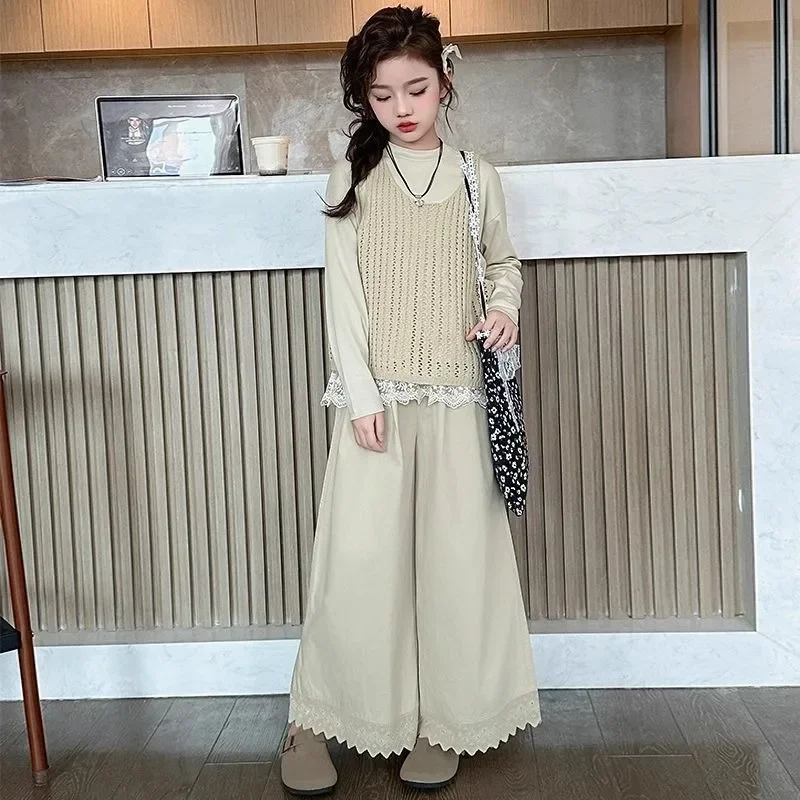 

Knitted Vest Lace Top Wide-leg Pants Korean-style Three-piece Set & 3-Piece Girls's Sets Girl Long Sleeve Children's Clothing