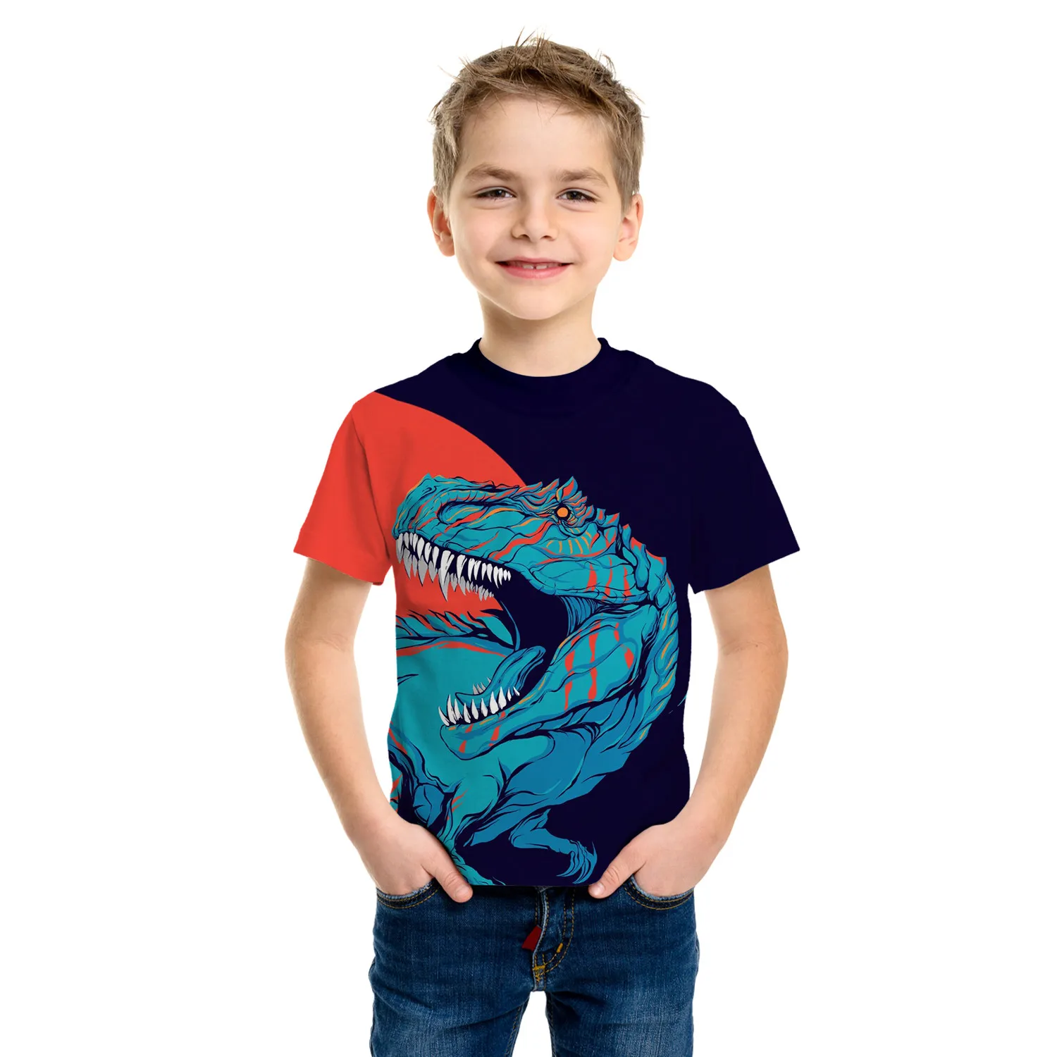 Camiseta con estampado 3d colorido de dinosaurio potente para niños, camiseta informal de manga corta para niños, ropa para niños, Tops de verano