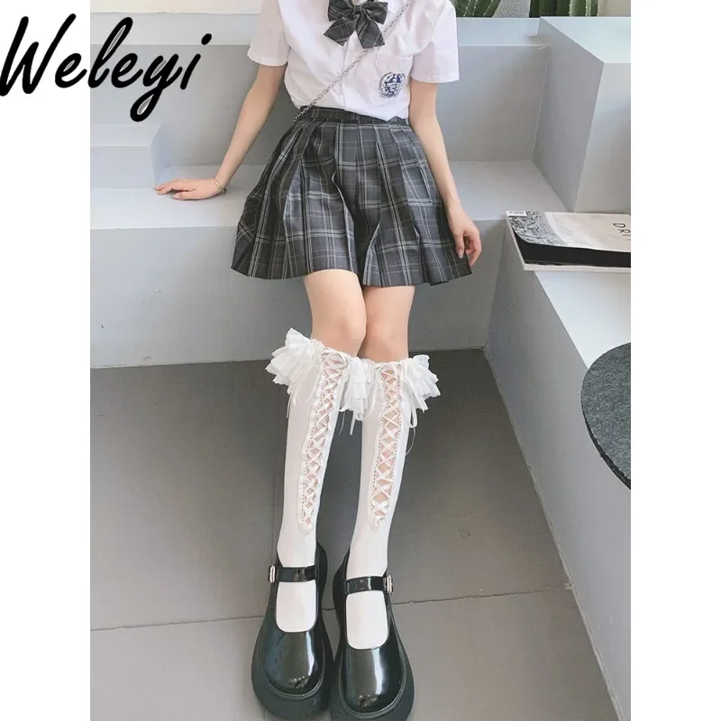 Lolita Lace Front Split Strap Cotton Middle Tube Socks Woman Jirai Kei Accessories Princess Sweet Mid Tube Socks JK Calf Socks