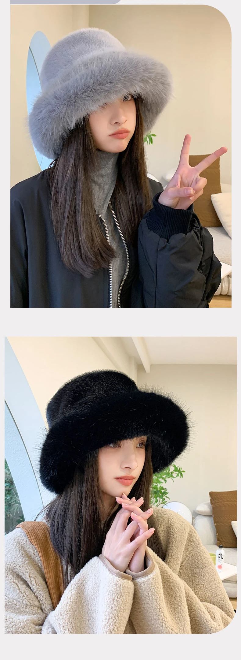 Big Faux Fur Fluffy Bucket Hat for Women Luxury Plush Winter Hat