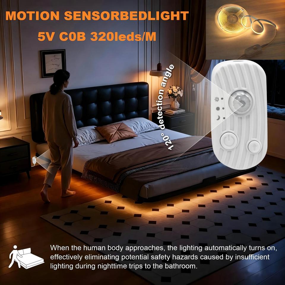 Led Light Strip with Sensor Switch, Low Voltage 5V, Sensor Switch, Cob Soft Light Strip for Bedside, Stairs, Corridors, Night Mode/Day Mode/Continuous Light Mode, Suitable for Bedroom Bedside, Nightstand, Corridor, Sta