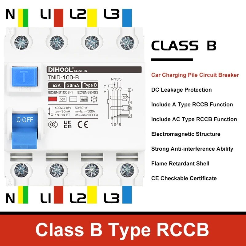 Type A Electromagnetic RCCB Class B 4P 63A Electronic Residual Current Circuit Breaker 2P AC RCBO leakage protector 30mA trip
