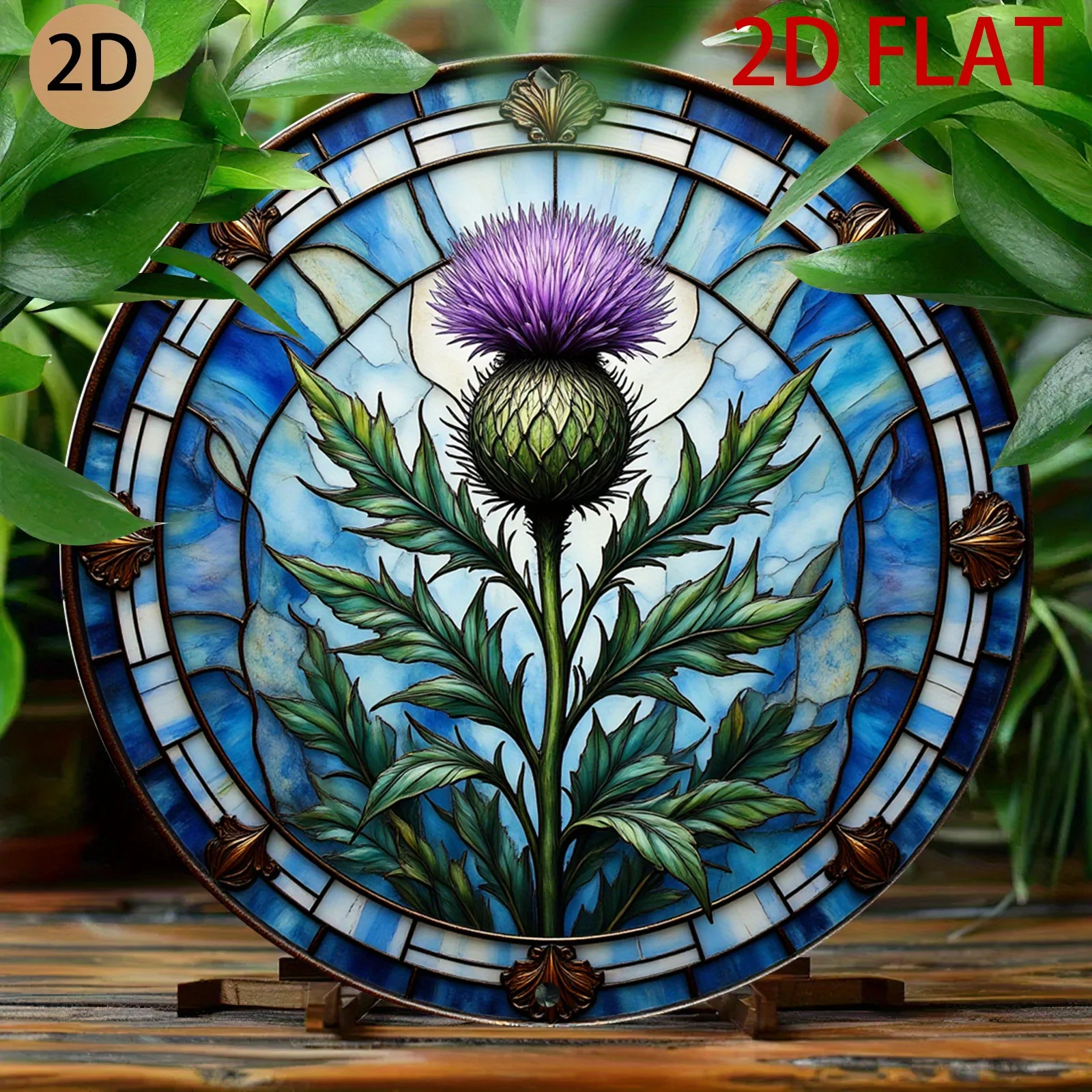 Metal Circular Stained Glass Wall Art with Thistle Flower Motif -Frameless Hook-Mounted Scottish Decor for, Rustic Style Hanging