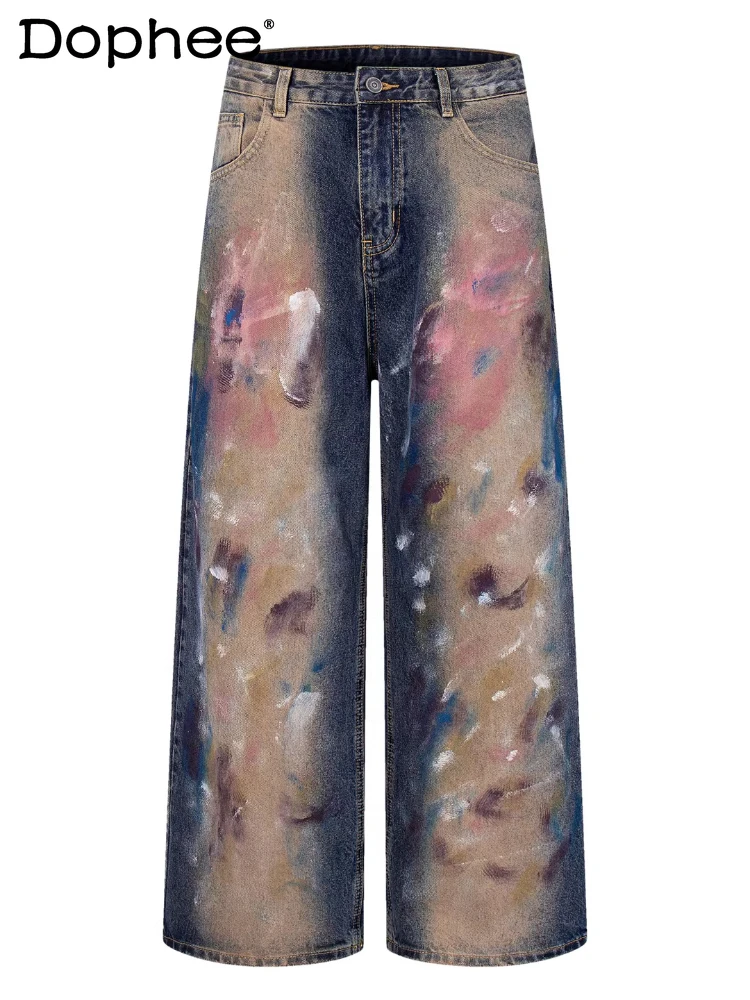 

Модные джинсы с граффити-дизайном в уличном стиле для мужчин, весна 2026, новые, свободные, комфортные, стильные, широкие прямые джинсовые брюки