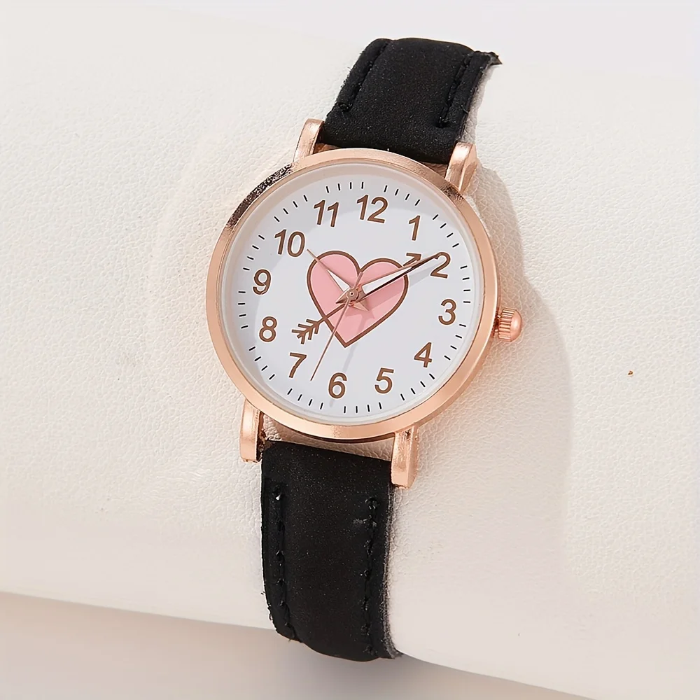 5 pz/set orologio al quarzo con cuore rosa carino orologio da polso in pelle PU e Set di gioielli con gemme sintetiche, regalo di san valentino per le donne lei