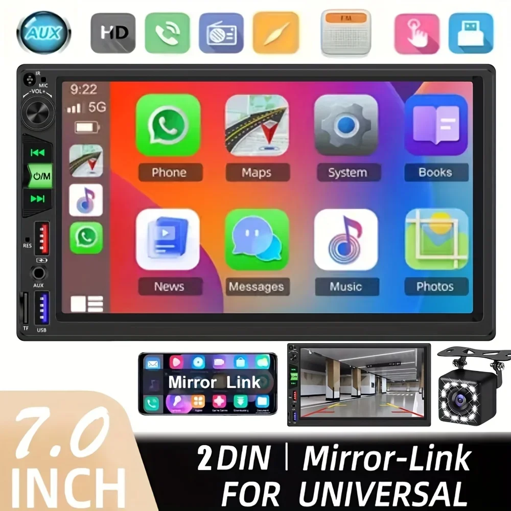 2 Din Car Stereo 7inch with Touch Screen Car Video MP5 Player Multimedia Mirror Link with Ports Fast Charging Support AUX/USB/SD