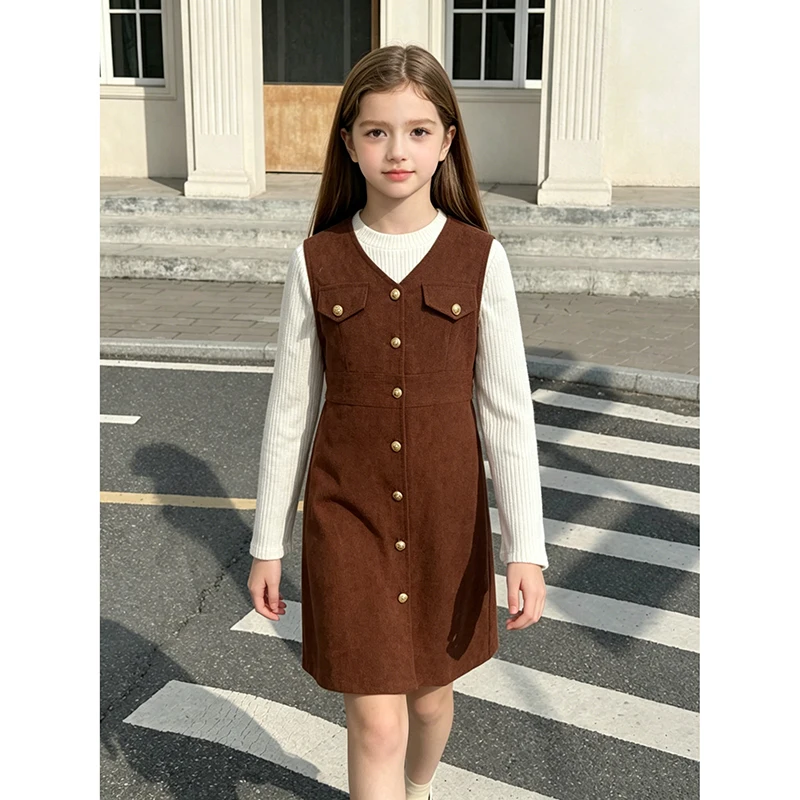 Vintage Kids Matching Outfit Solid Knit Long Sleeve Inner Top High Waist Sleeveless Button Dress Girls Spring Daily Fashion Suit