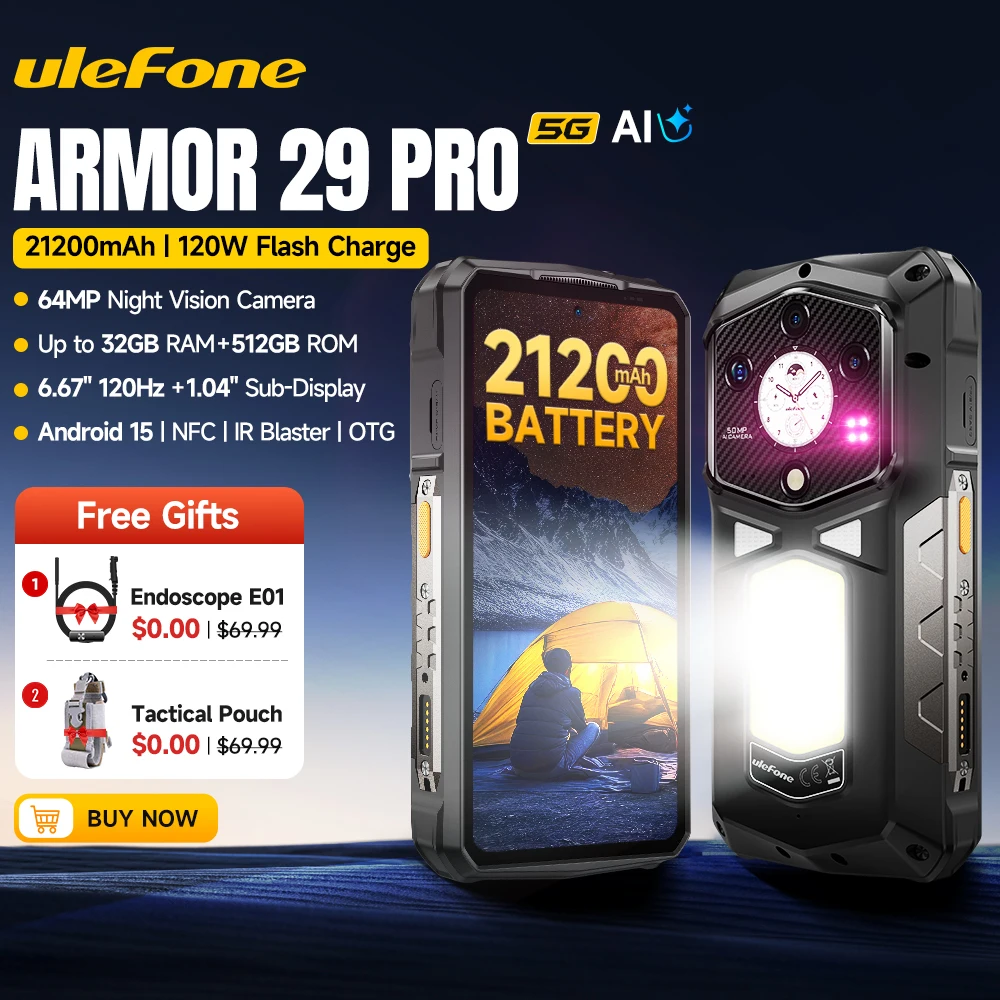 【Новинка 2025 года】Ulefone Armor 29 Pro 5G, прочный телефон, 21200 мАч, 120 Вт, Android 15, 6,67 дюйма, 120 Гц, 512 ГБ ПЗУ, NFC