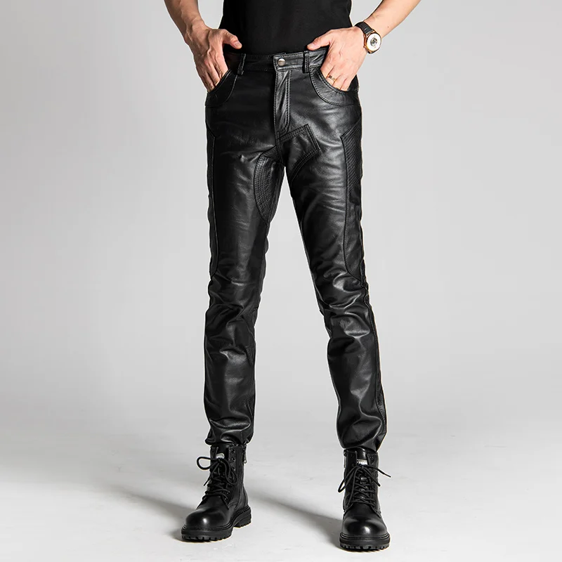 

New Leather Pants Winter Men's Natural Cowhide Slim Pencil Pant Male Motorcycle Riding Windproof Warm Fashion Trend Trousers