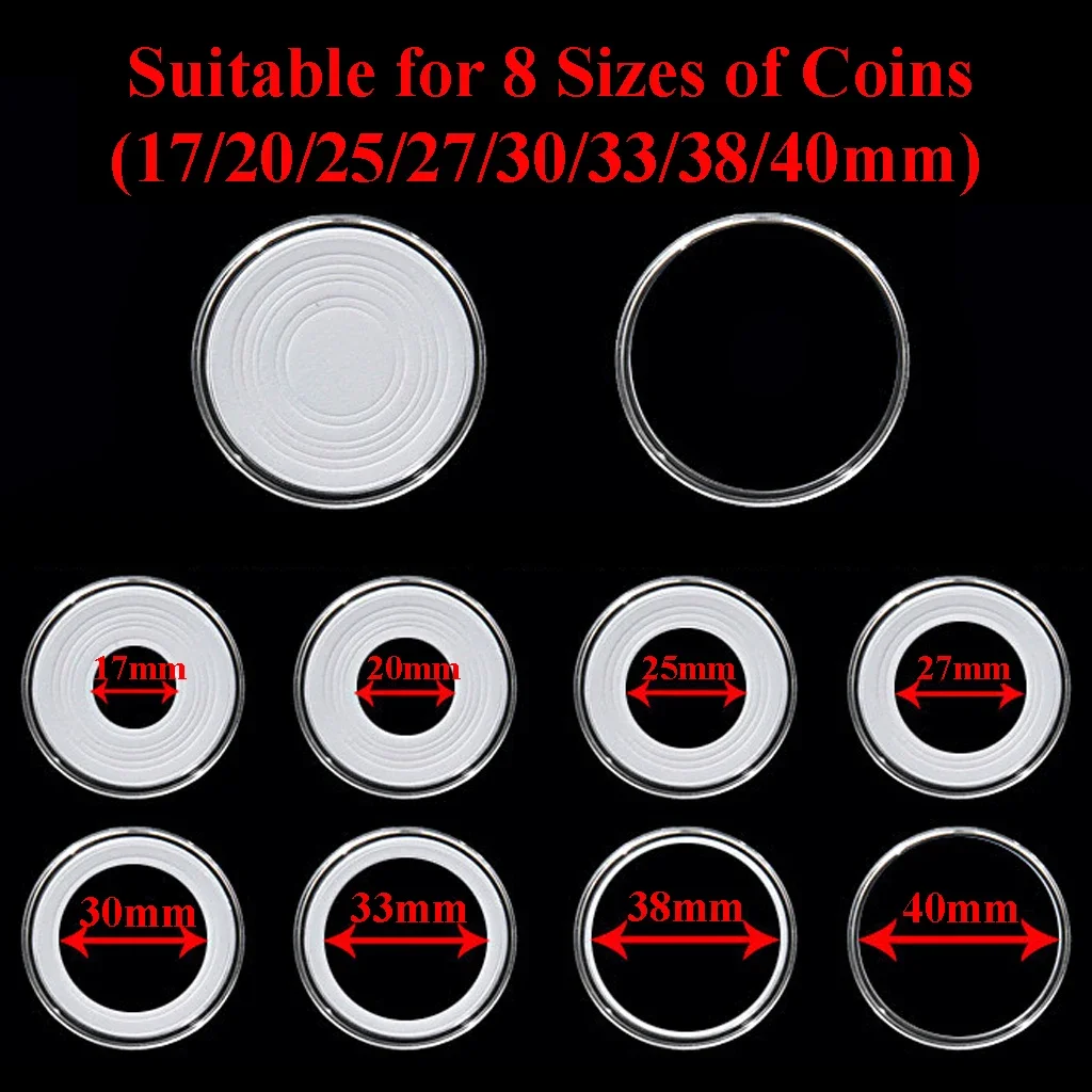 50Pcs Clear Coin Capsules with Adjustable Gaskets and a Plastic Box 17/20/25/27/30/33/38/40mm Coin Storage Cases for Collectors