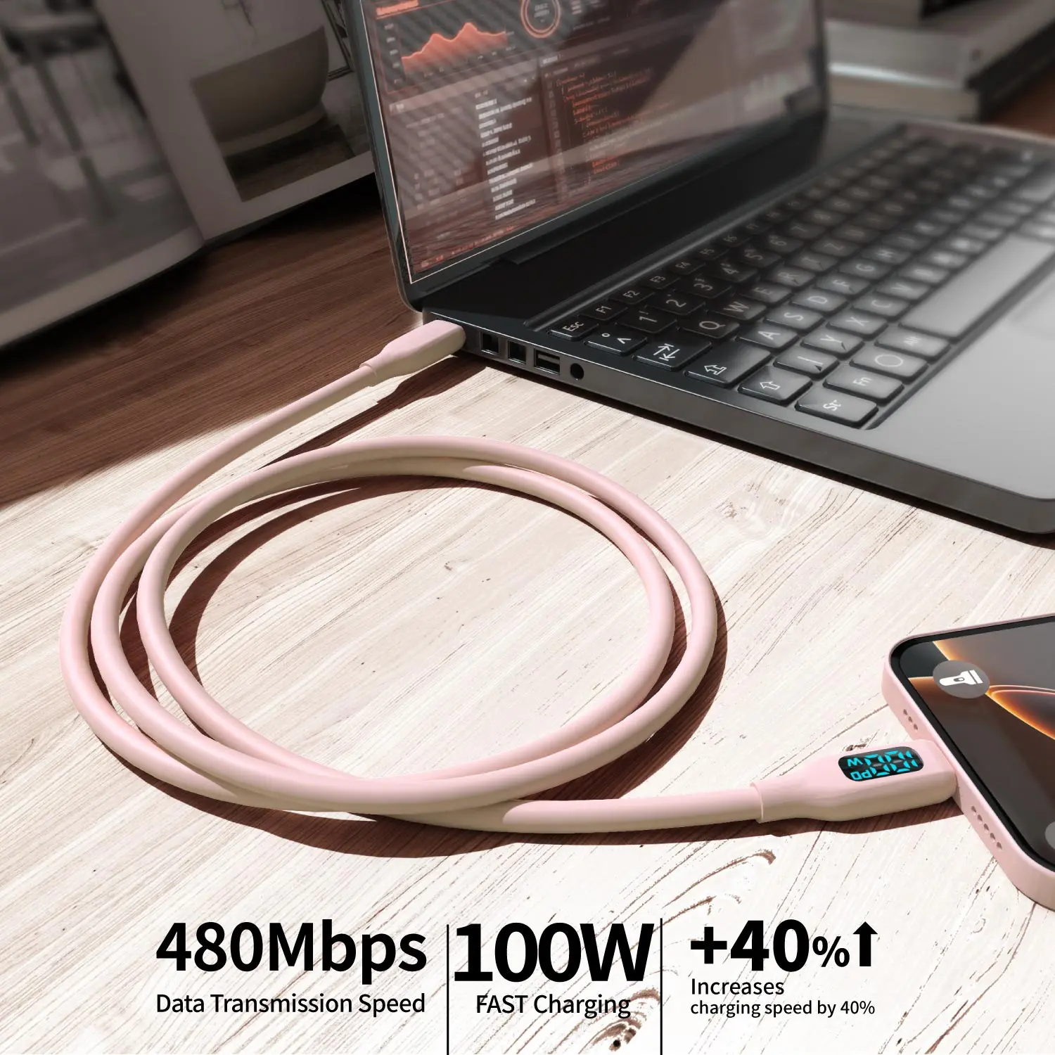 100W USB C Fast Charging Cable , Super Flexible Silicone Charger Cable Pink, for Phone Tablet Laptop